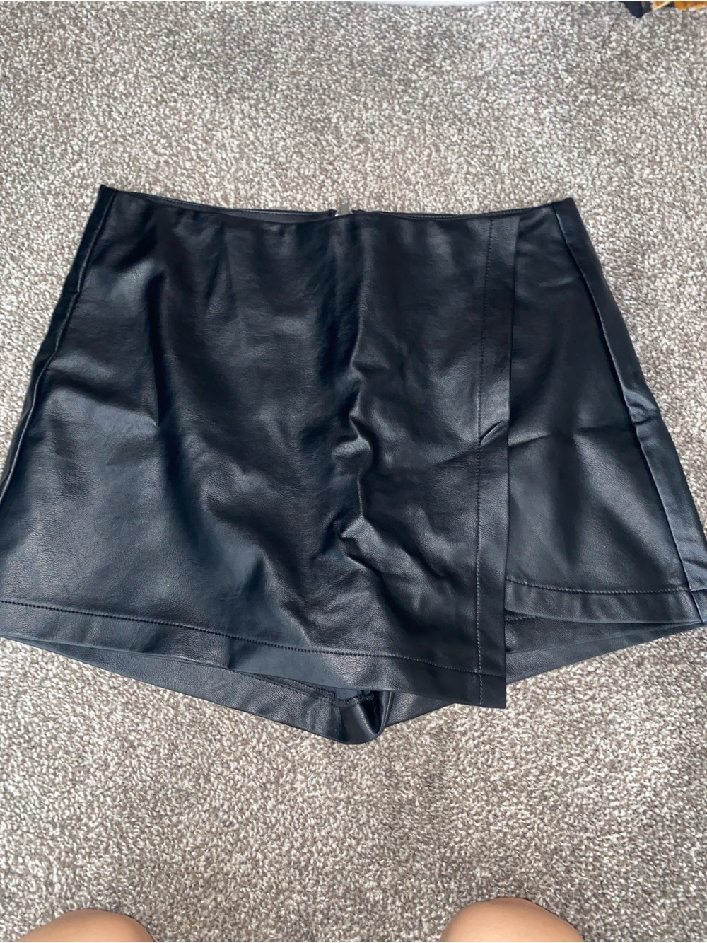 Black Faux Leather Skort Shorts - Women's Stylish Overlay
